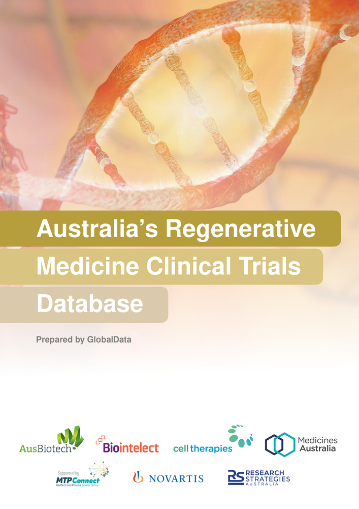 Burnt orange cover of Clinical Trials Database report, photo of DNA strand, name of report, and seven logos of consortium members