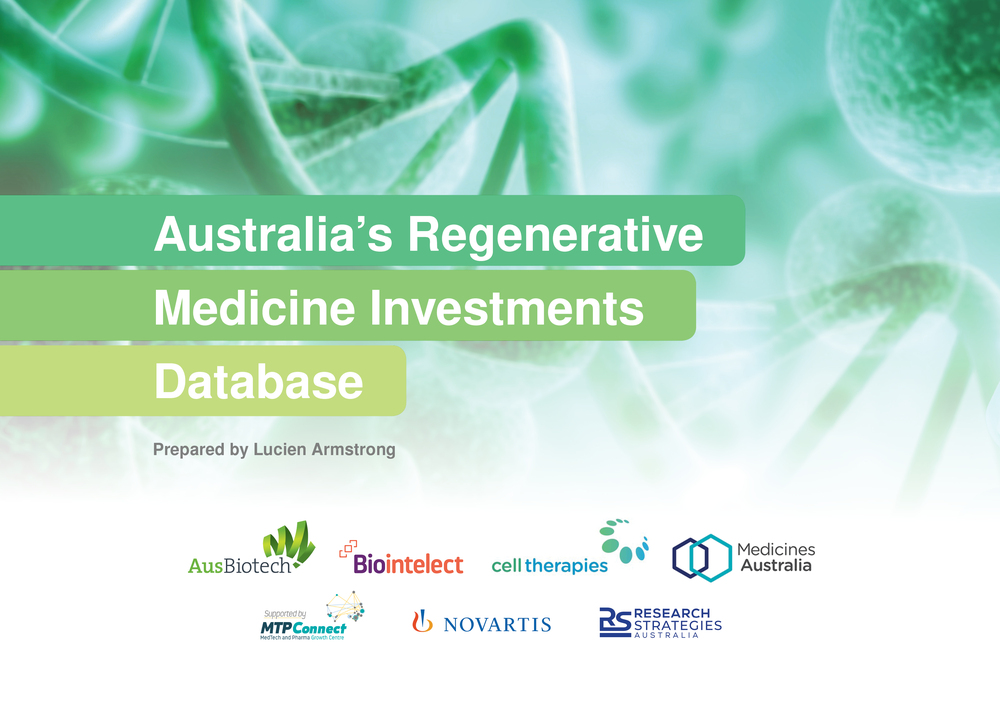 Green cover of Investments Database, image of DNA, name of report, and seven logos of consortium members