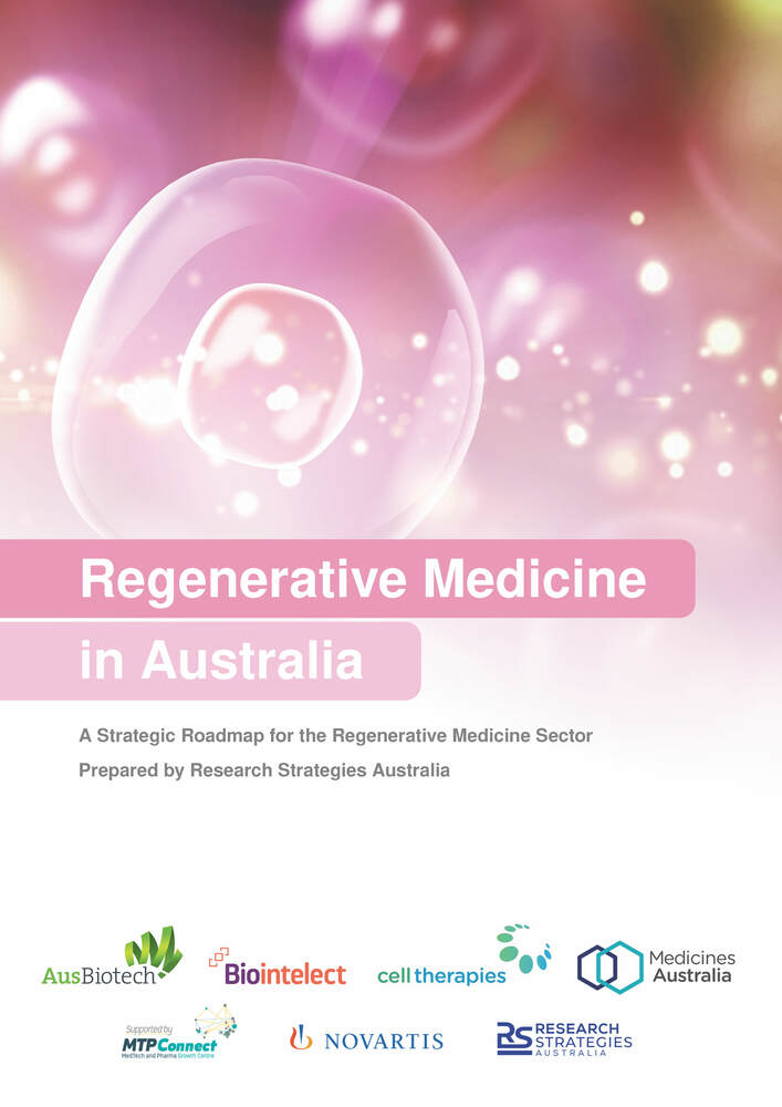 Pink cover of Regenerative Medicine in Australia - Strategic Roadmap for the Regenerative Medicines Sector report, photo of cells, name of report, and seven logos of consortium members