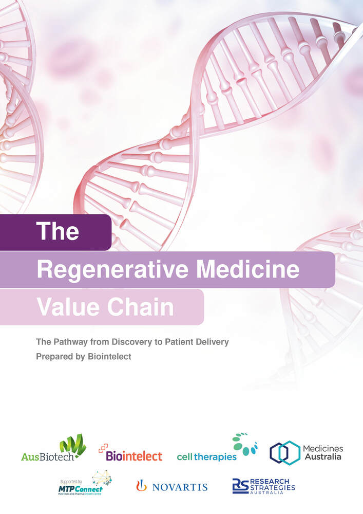 Pink and purple cover with DNA strand, name of the report 'The regenerative medicine value chain' and seven consortium members' logos.