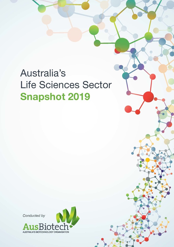 Cover of Sector Snapshot 2019 report - light blue with colourful nodules at the right hand edge, plus name of report