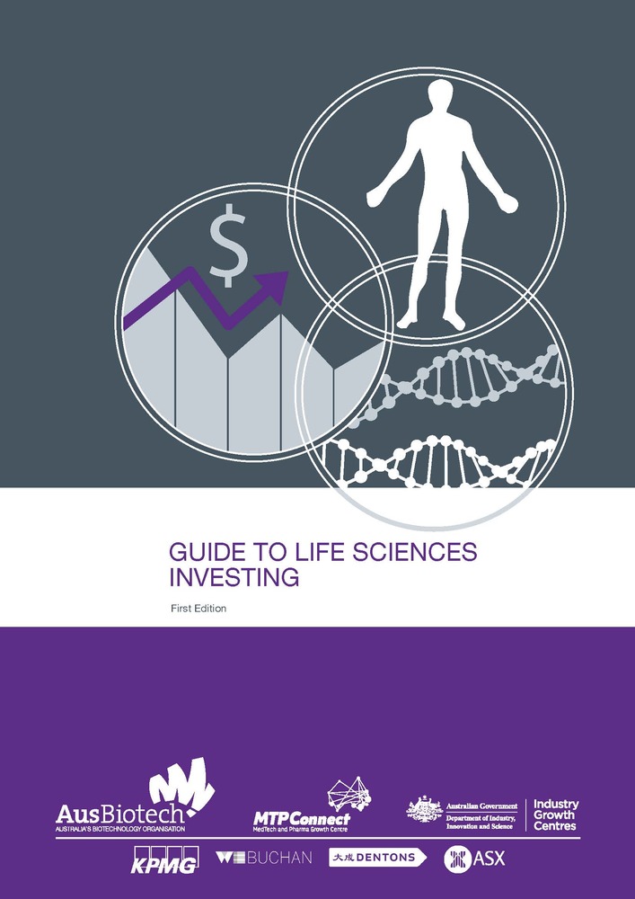 Grey and purple cover of Guide to Life Sciences Investing report