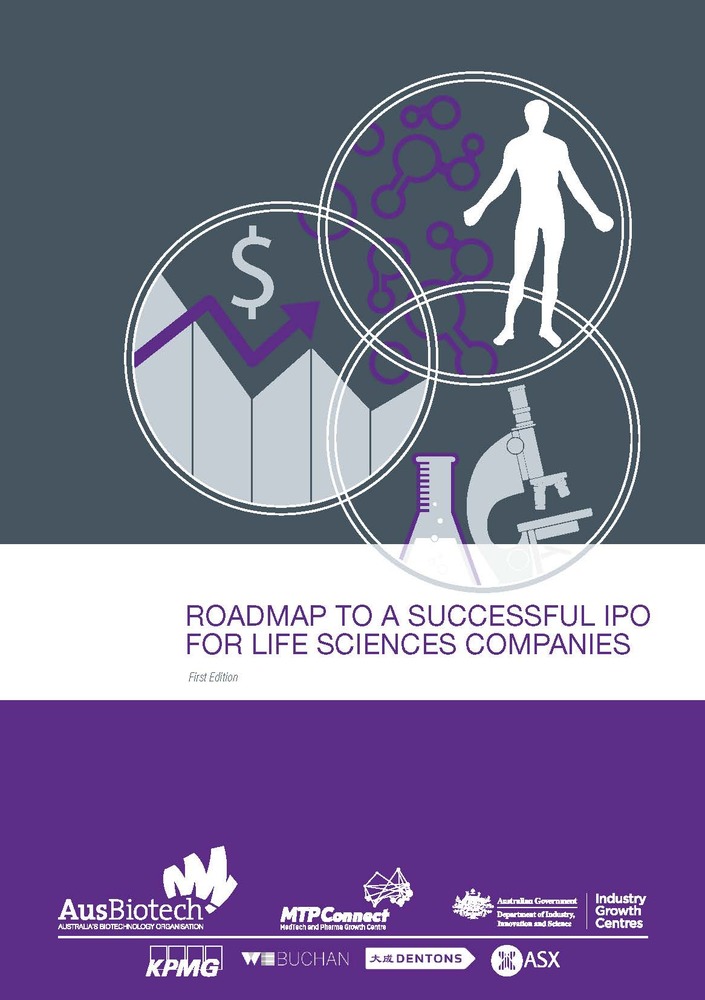 Grey and purple cover of Roadmap to a successful IPO for life sciences companies report