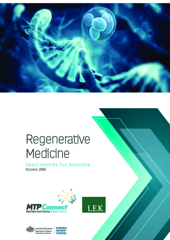 Cover of Regenerative Medicine: Opportunities for Australia. DNA strand on top half of report, with report name and logos on bottom half