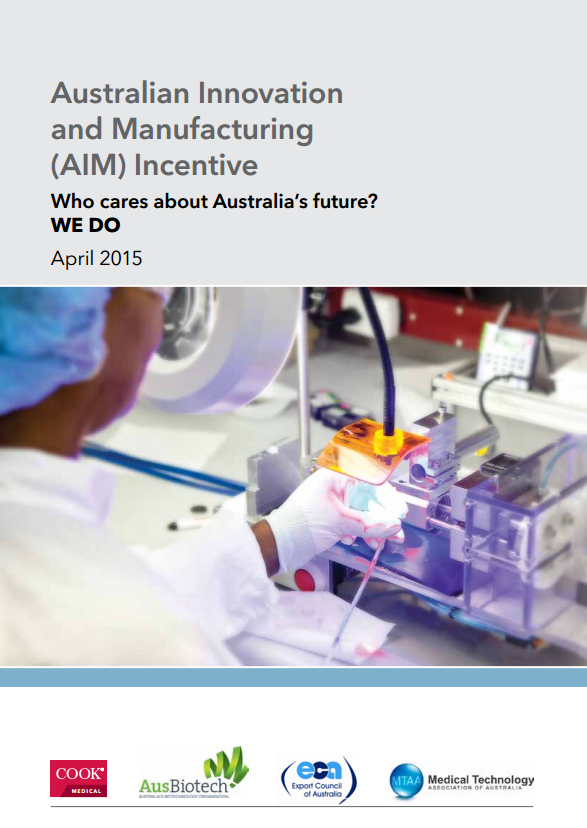 Cover of Australian Innovation and Manufacturing (AIM) Incentive report - report title and year at the top with a person manufacturing biological matter and logos. 